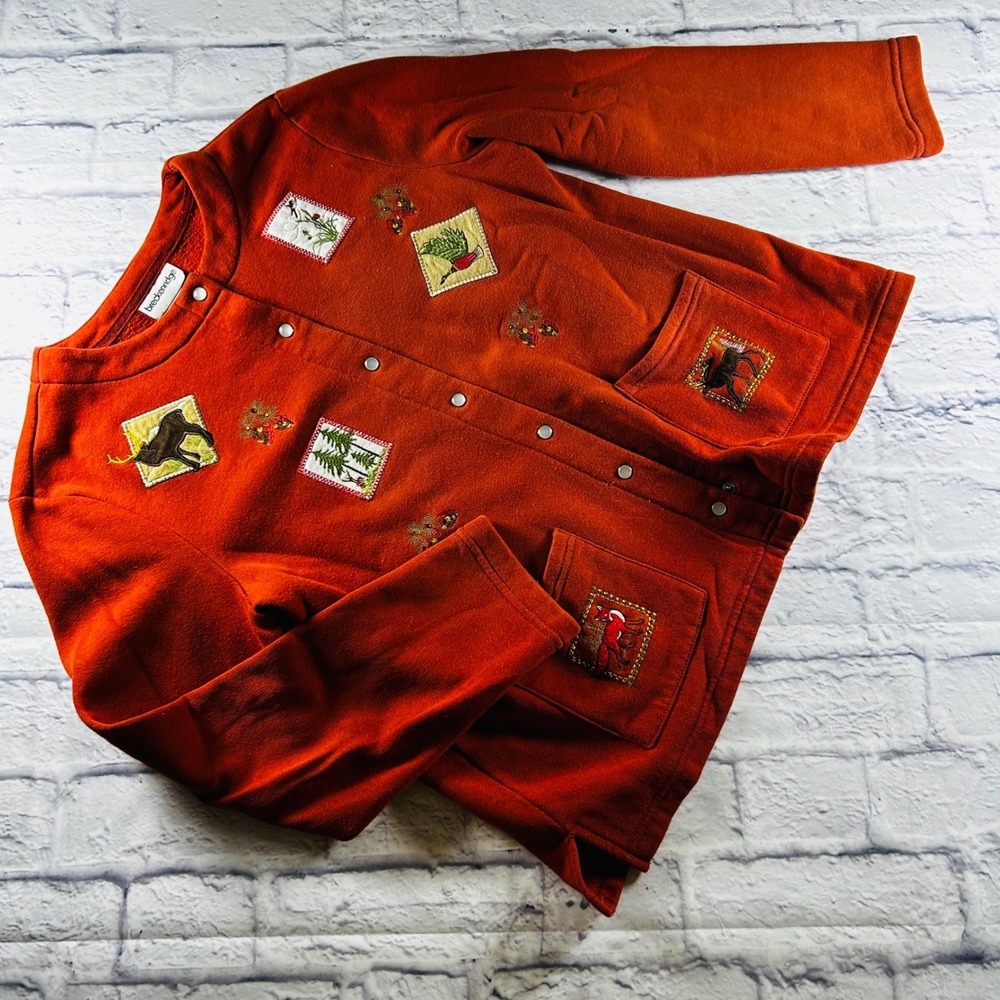 Breckenridge Women Fleece Cardigan Burnt Orange Embroidered Nature Snap Jacket M